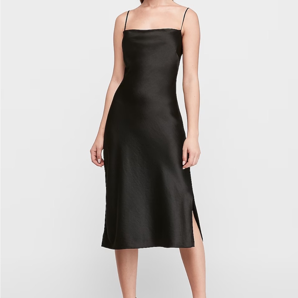 Satin Cowl Neck Midi Slip Dress - Navy Blue - Size M